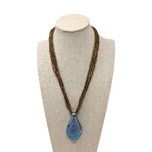 Blue Art Glass Pendant Necklace Seed Bead Chain